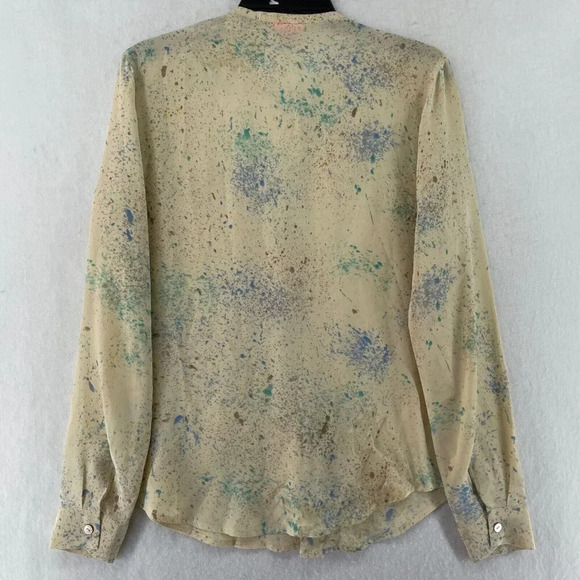 Maison Scotch Tops Womens Sz 2 Beige Green Abstract Long Sleeve Button Up Blouse - Picture 2 of 12